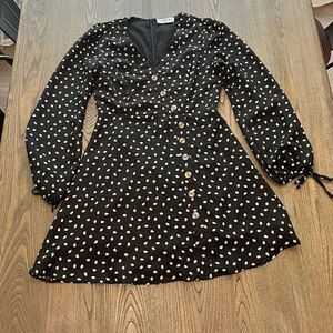 Taroo Black White Polkadot Mini Length Shift Dress Long Bubble Sleeve Size S